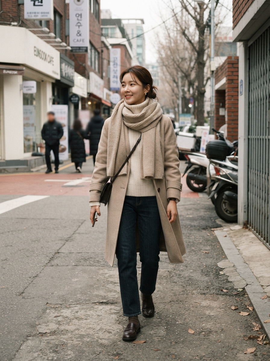 Beige Trench with Knit and Scarf Korean winter street fashion outfit