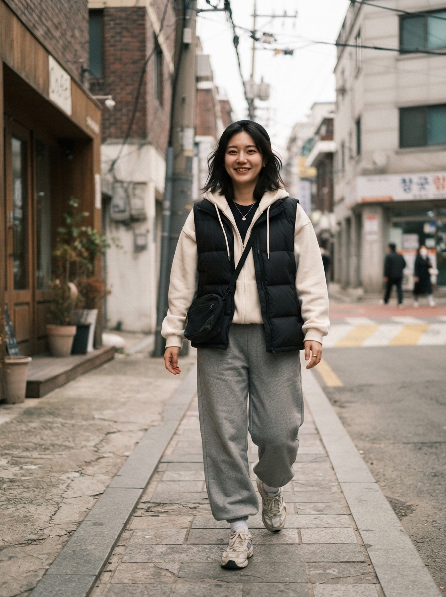 Padded Vest over a Hoodie Korean winter street fashion outfit