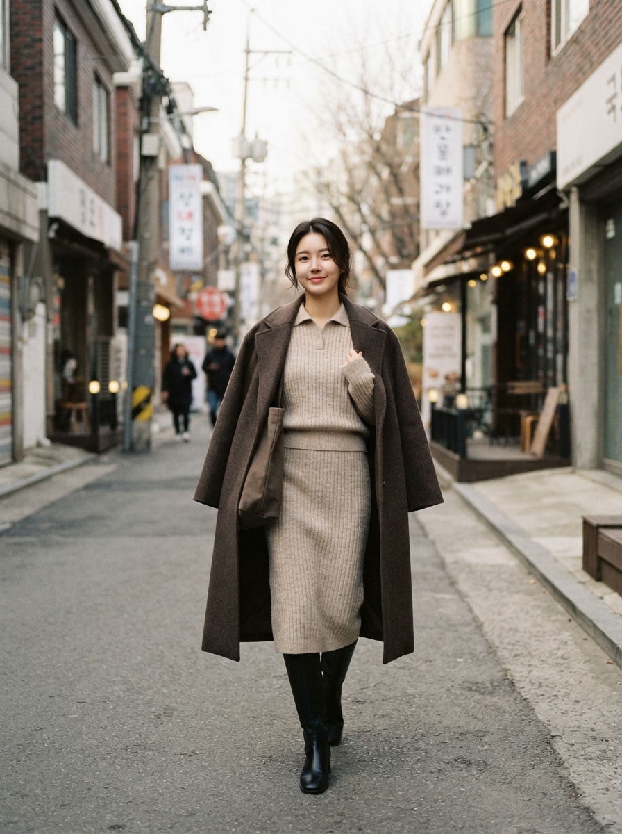 Knit Set with Long Boots Korean winter street fashion outfit