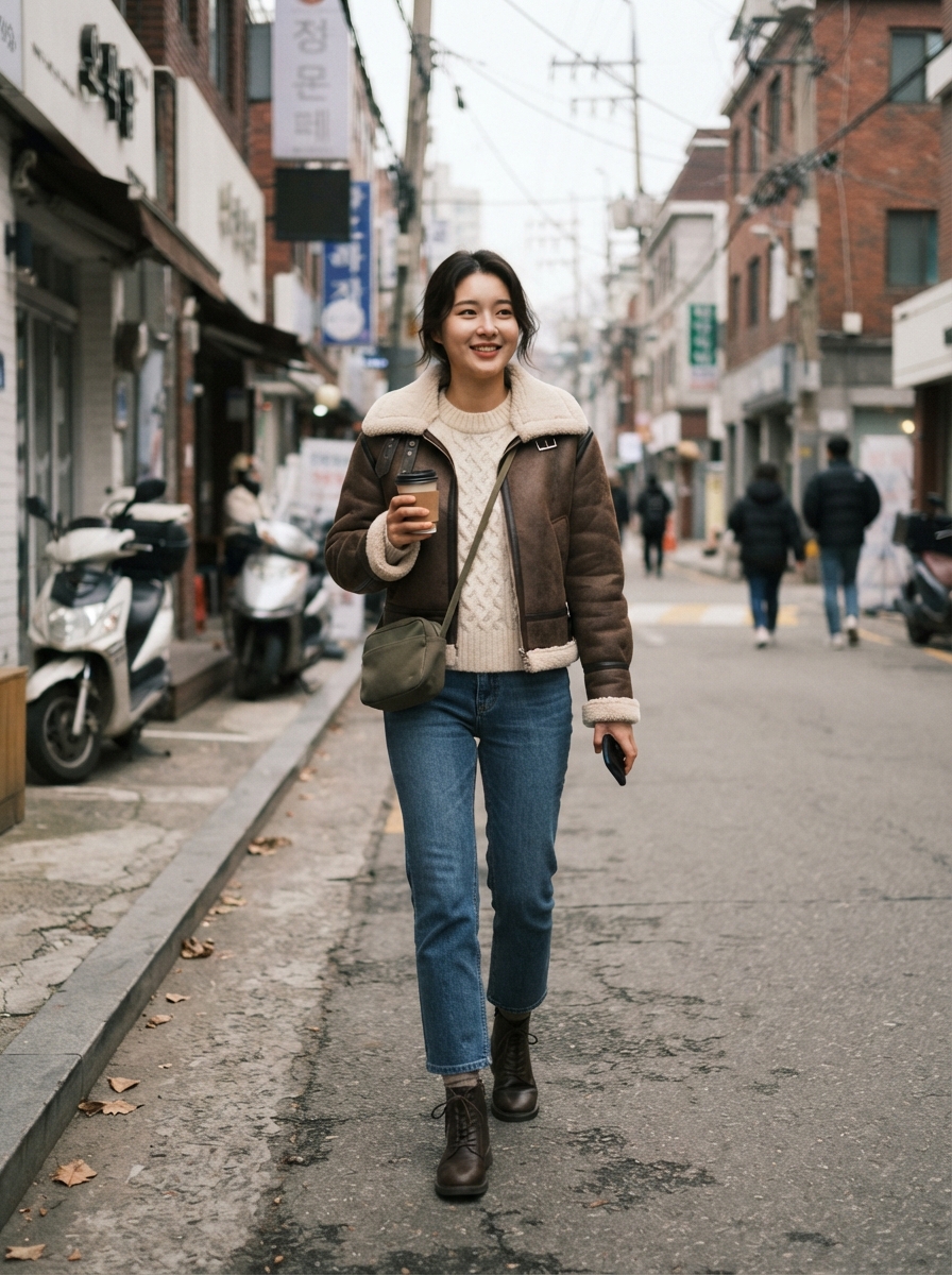 Shearling Jacket with Straight Jeans Korean winter street fashion outfit