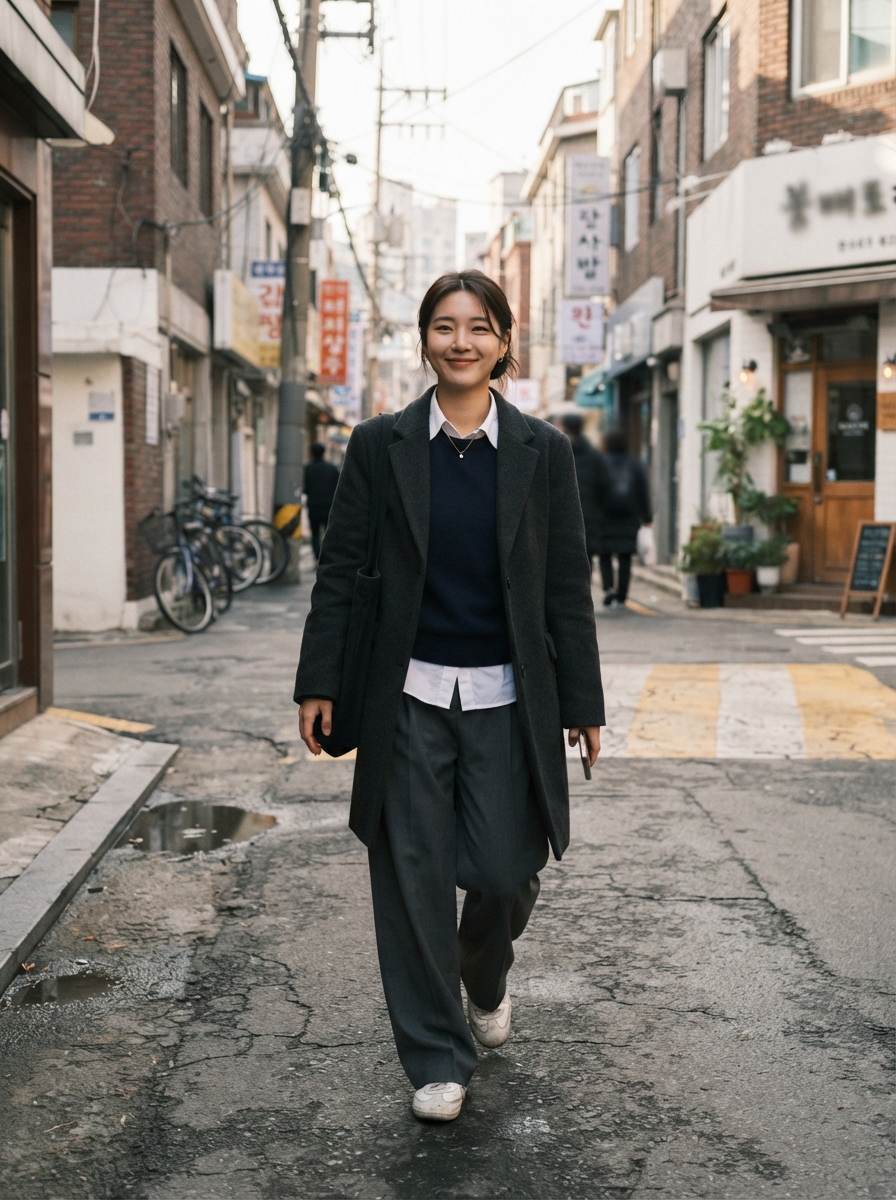 Layered Collars with a Sweater Korean winter street fashion outfit