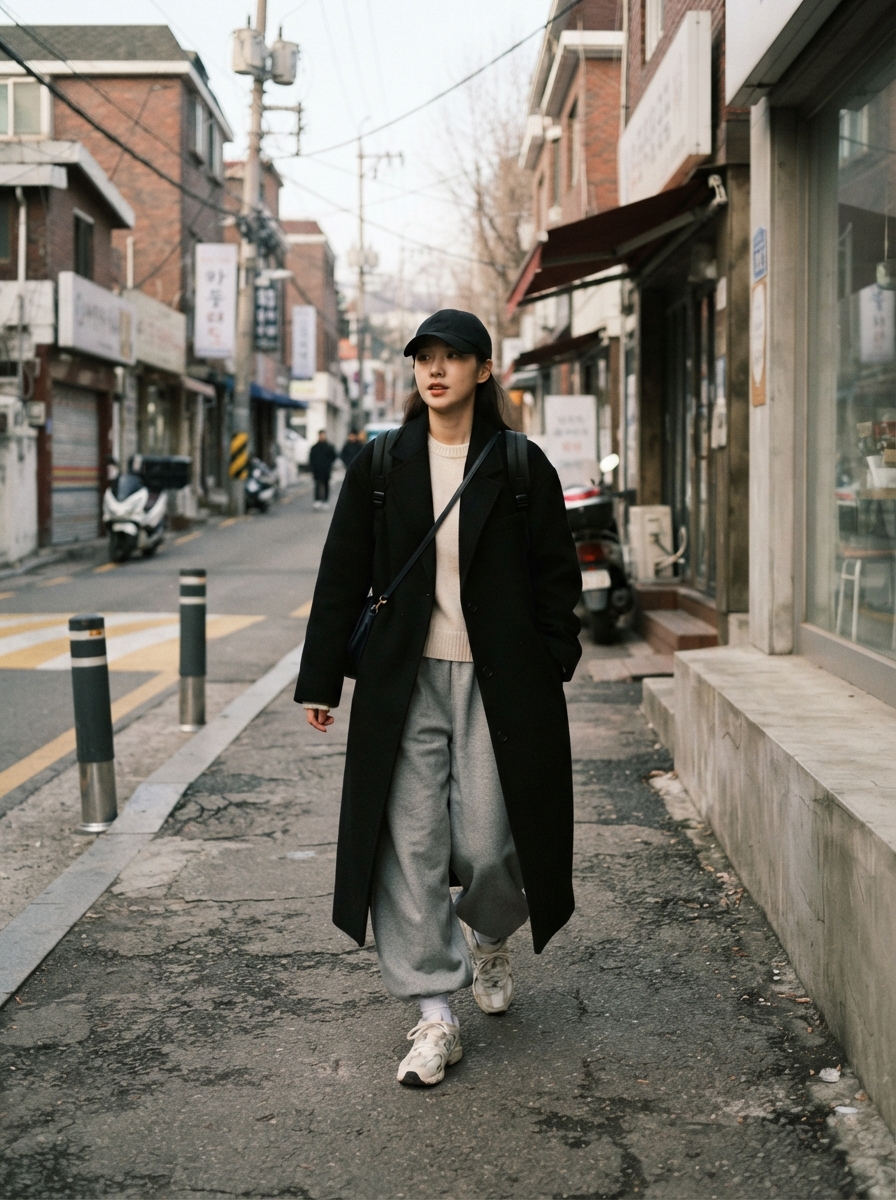 Grey Sweatpants with a Wool Coat Korean winter street fashion outfit