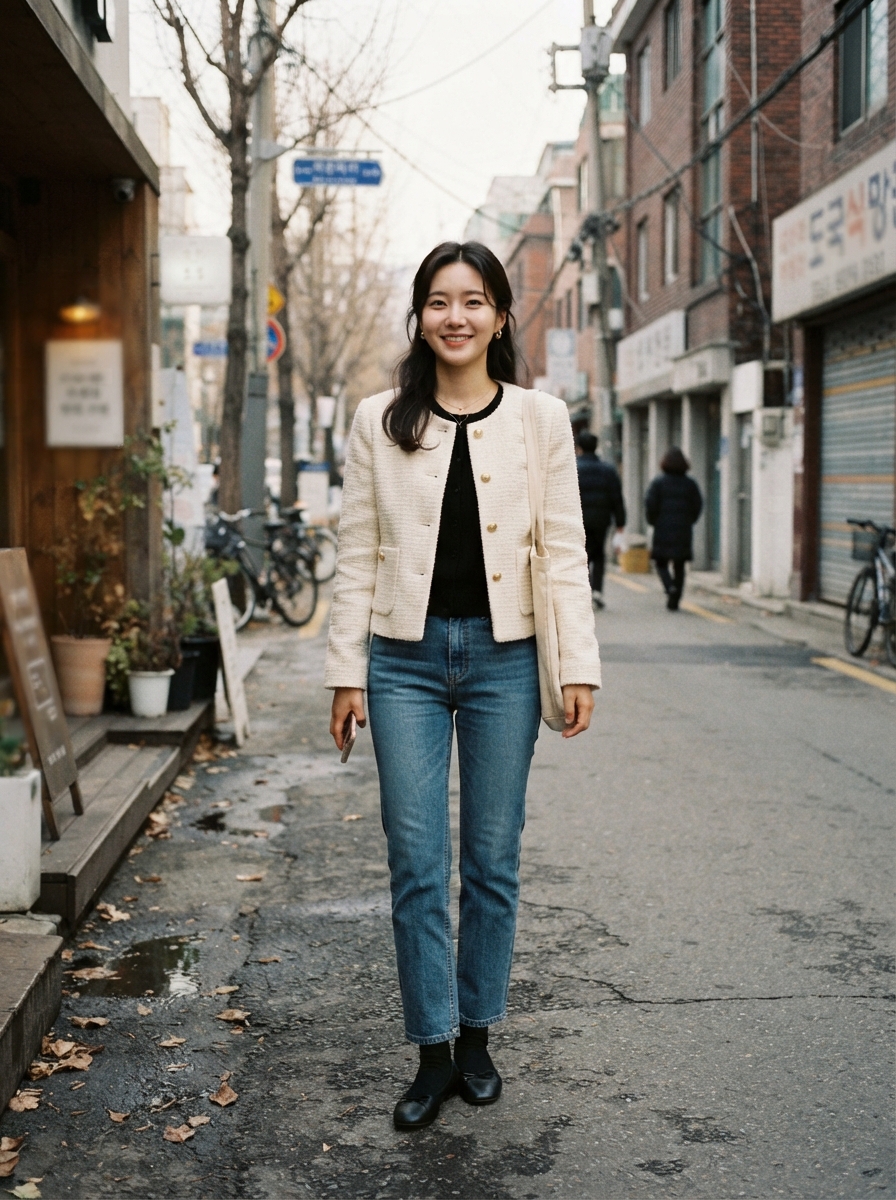 Tweed Jacket with Jeans Korean winter street fashion outfit