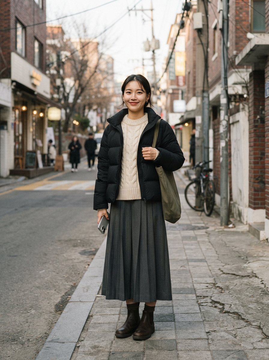 Long Skirt with Chunky Knit and Boots Korean winter street fashion outfit