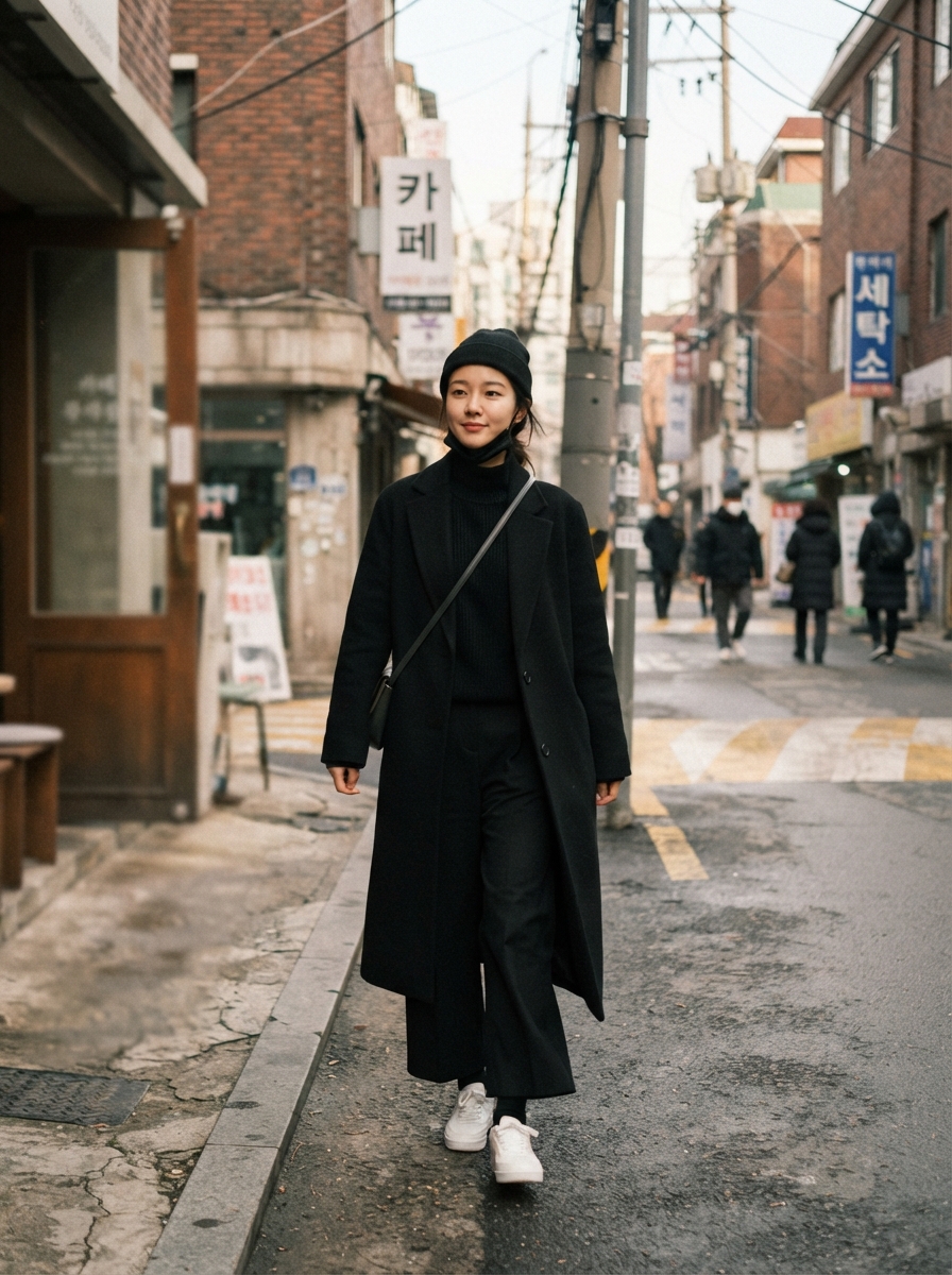 All-Black Minimal Layers Korean winter street fashion outfit