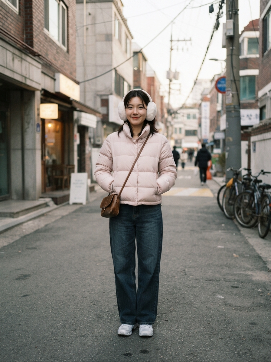 Earmuffs with a Short Puffer Korean winter street fashion outfit