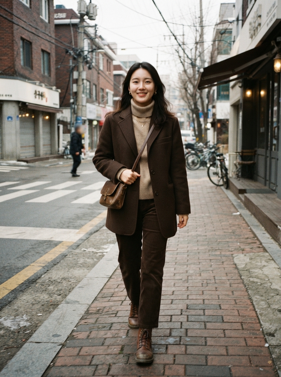 Brown Tonal Layers Korean winter street fashion outfit