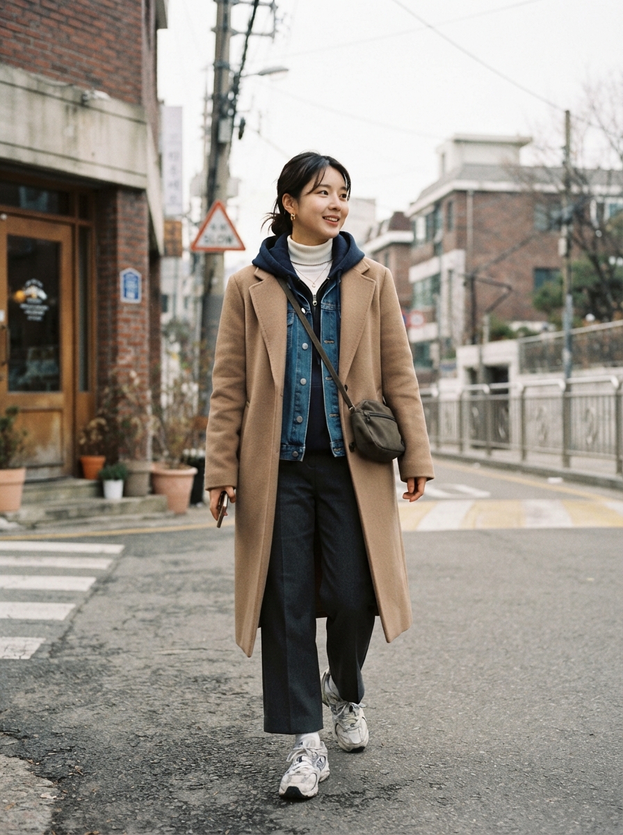 Denim Jacket Layered under a Coat Korean winter street fashion outfit