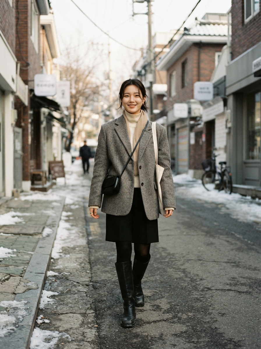Bermuda Shorts with Tights and Long Boots Korean winter street fashion outfit