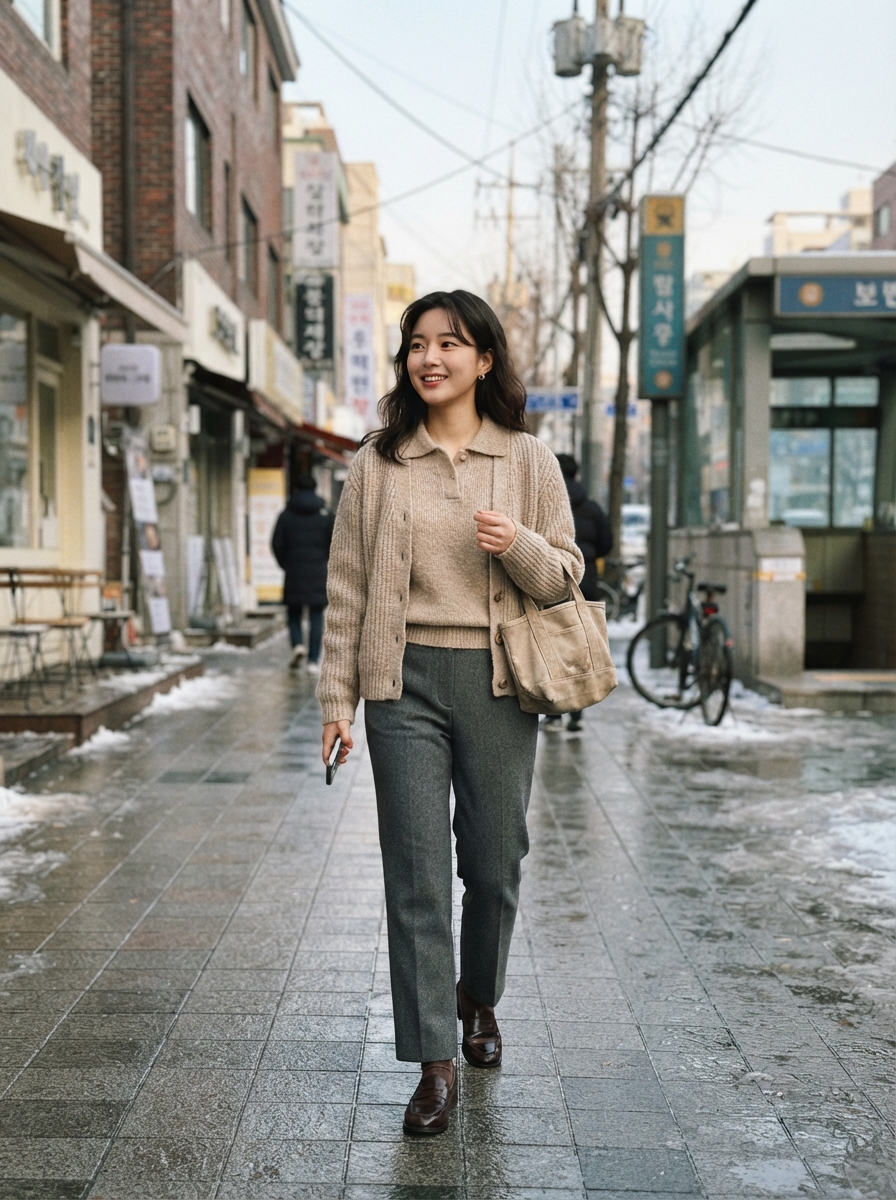 Cardigan over a Knit Polo Korean winter street fashion outfit