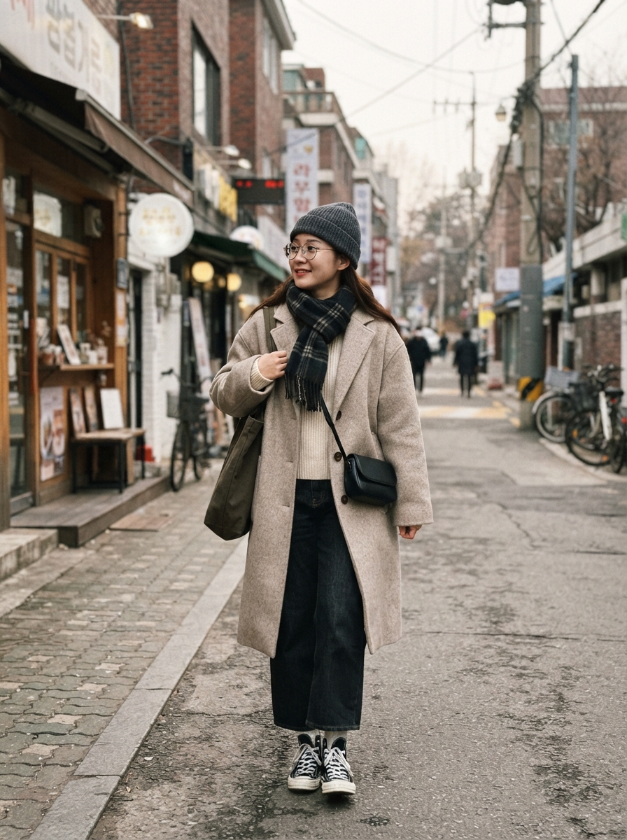 Beanie with Round Glasses and Oversized Coat Korean winter street fashion outfit