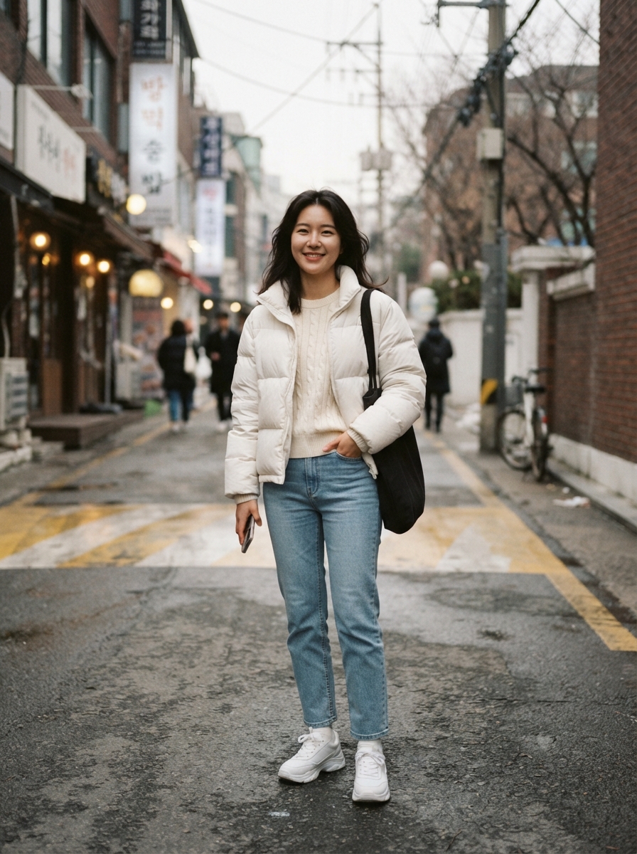 White Padded Jacket with Light Jeans Korean winter street fashion outfit