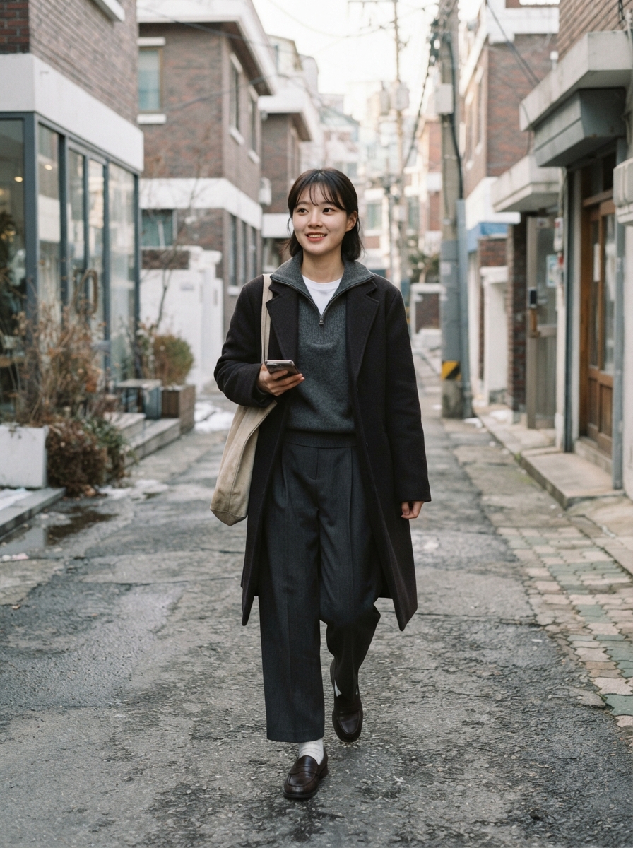 Half-Zip Sweater with Pleated Trousers Korean winter street fashion outfit