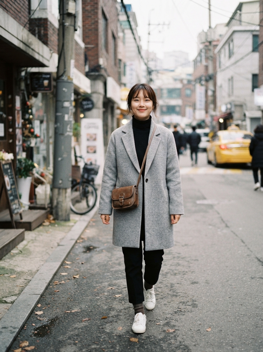 Checked Coat with Simple Basics Korean winter street fashion outfit