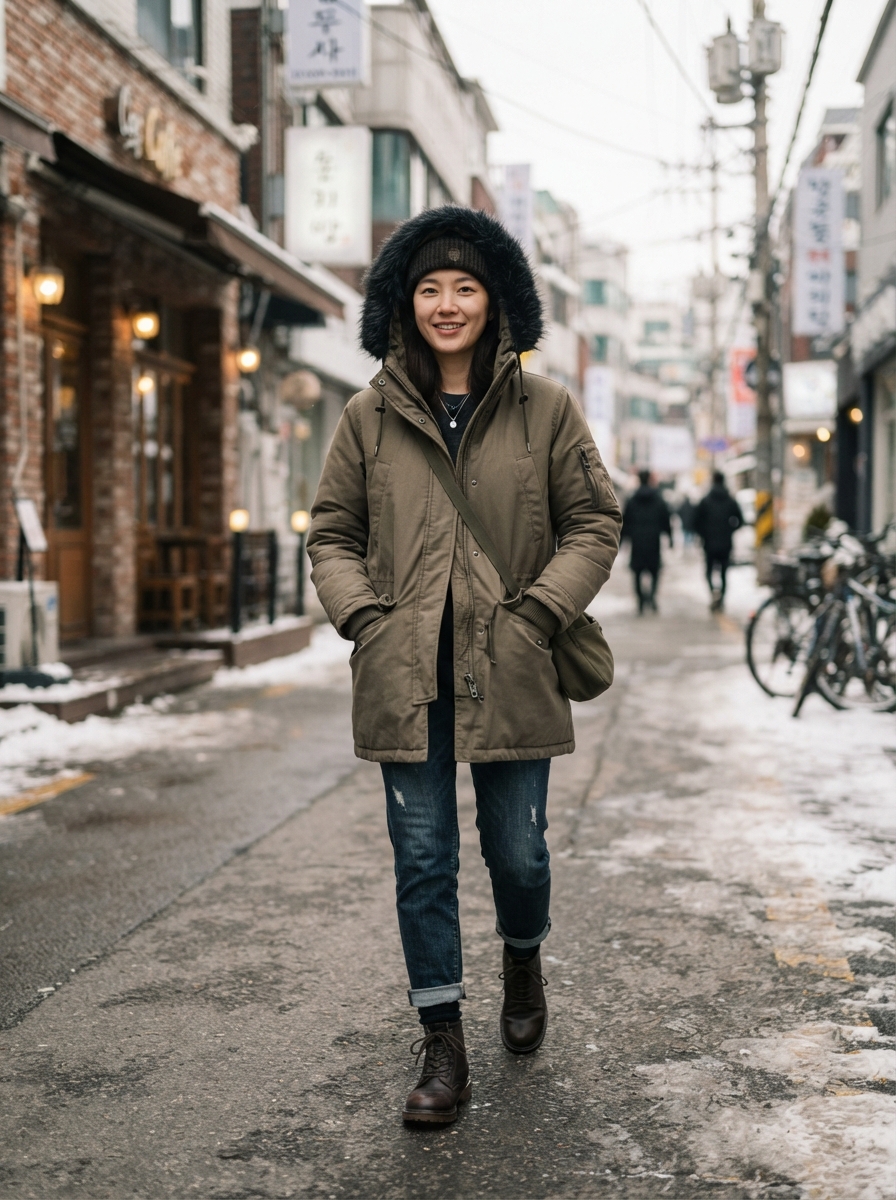 Fur-Trimmed Hooded Parka Korean winter street fashion outfit