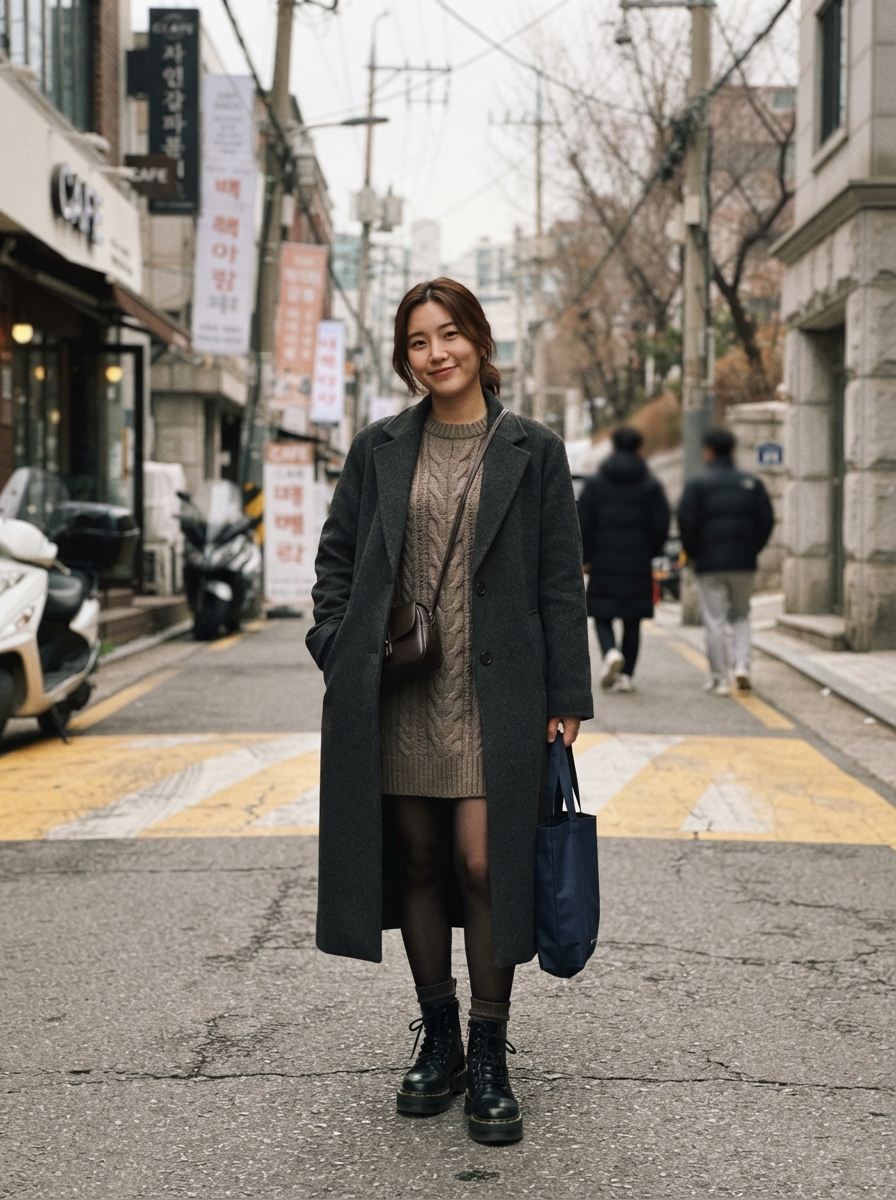 Platform Boots with a Mini Dress and Long Coat Korean winter street fashion outfit