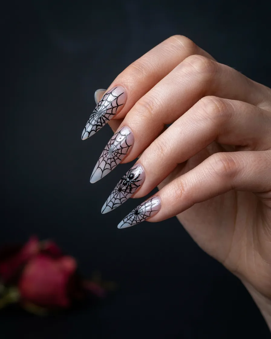 Full Spiderweb Coffin long Halloween nails