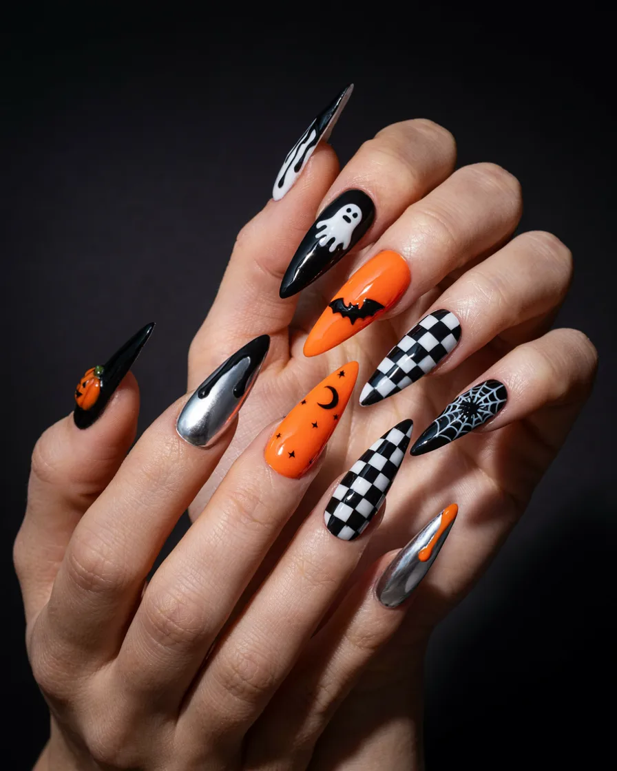 Coffin Mixed Mani long Halloween nails
