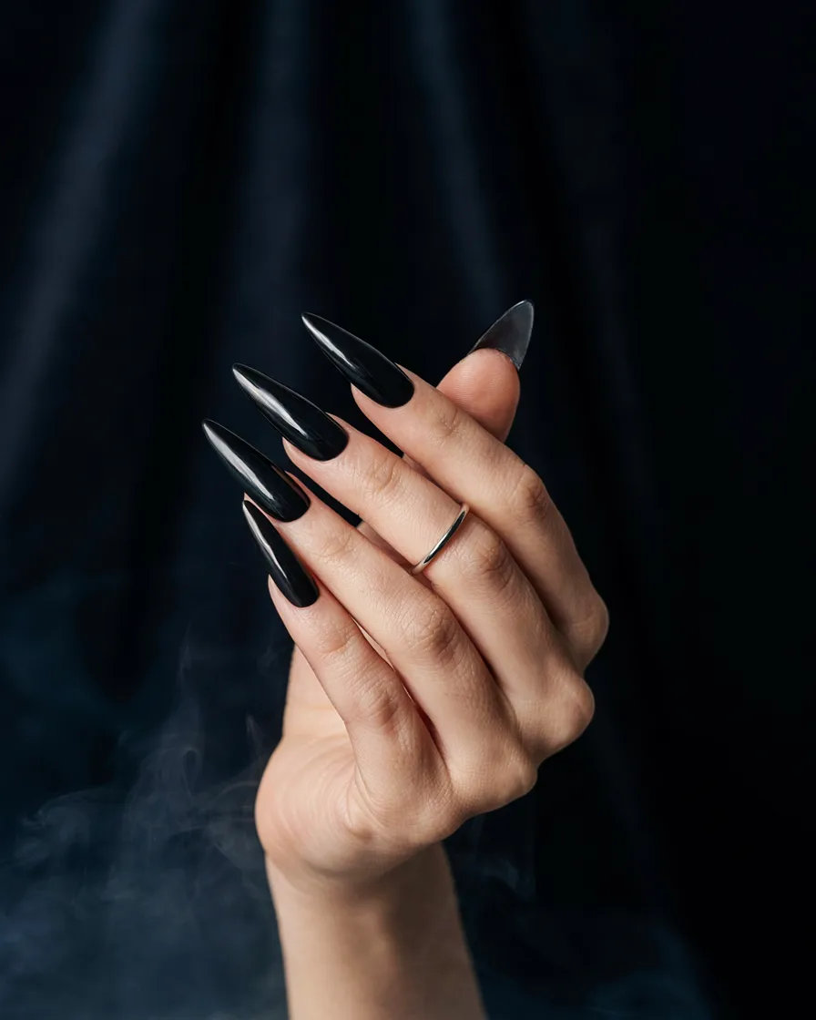 Black Chrome Coffin long Halloween nails