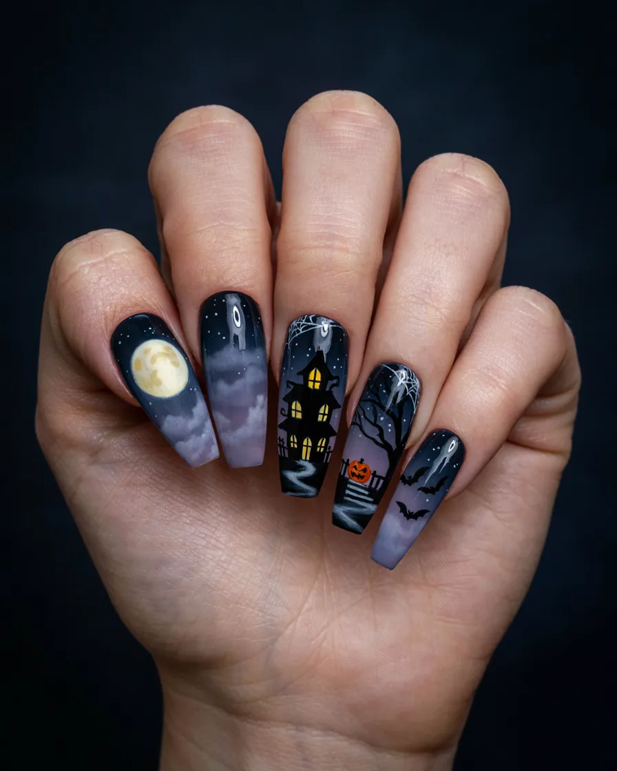 Coffin with Scene Art long Halloween nails