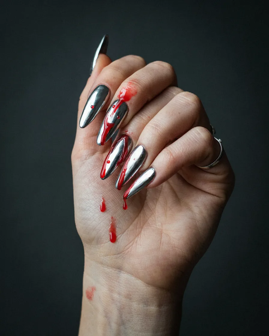 Coffin Blood & Chrome long Halloween nails