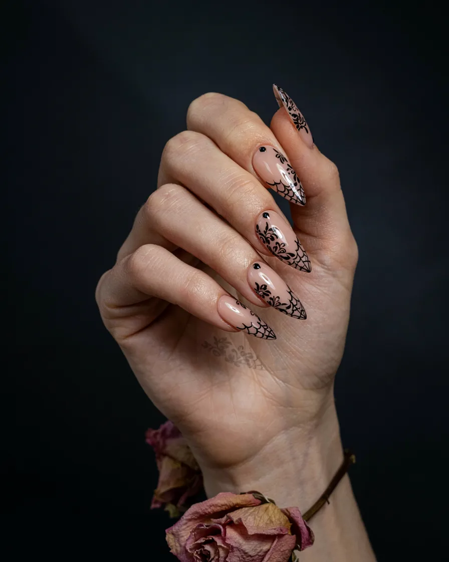 Gothic Lace Stiletto long Halloween nails