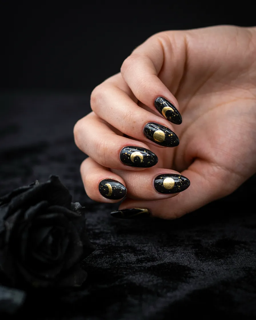 Long Almond Moon Phases long Halloween nails