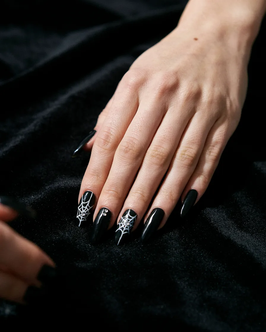 3D Web with Gems long Halloween nails