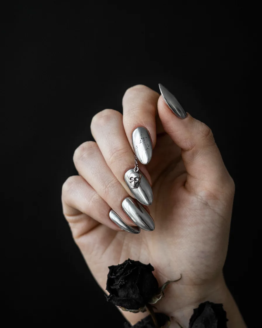 Chrome Skull Charm long Halloween nails