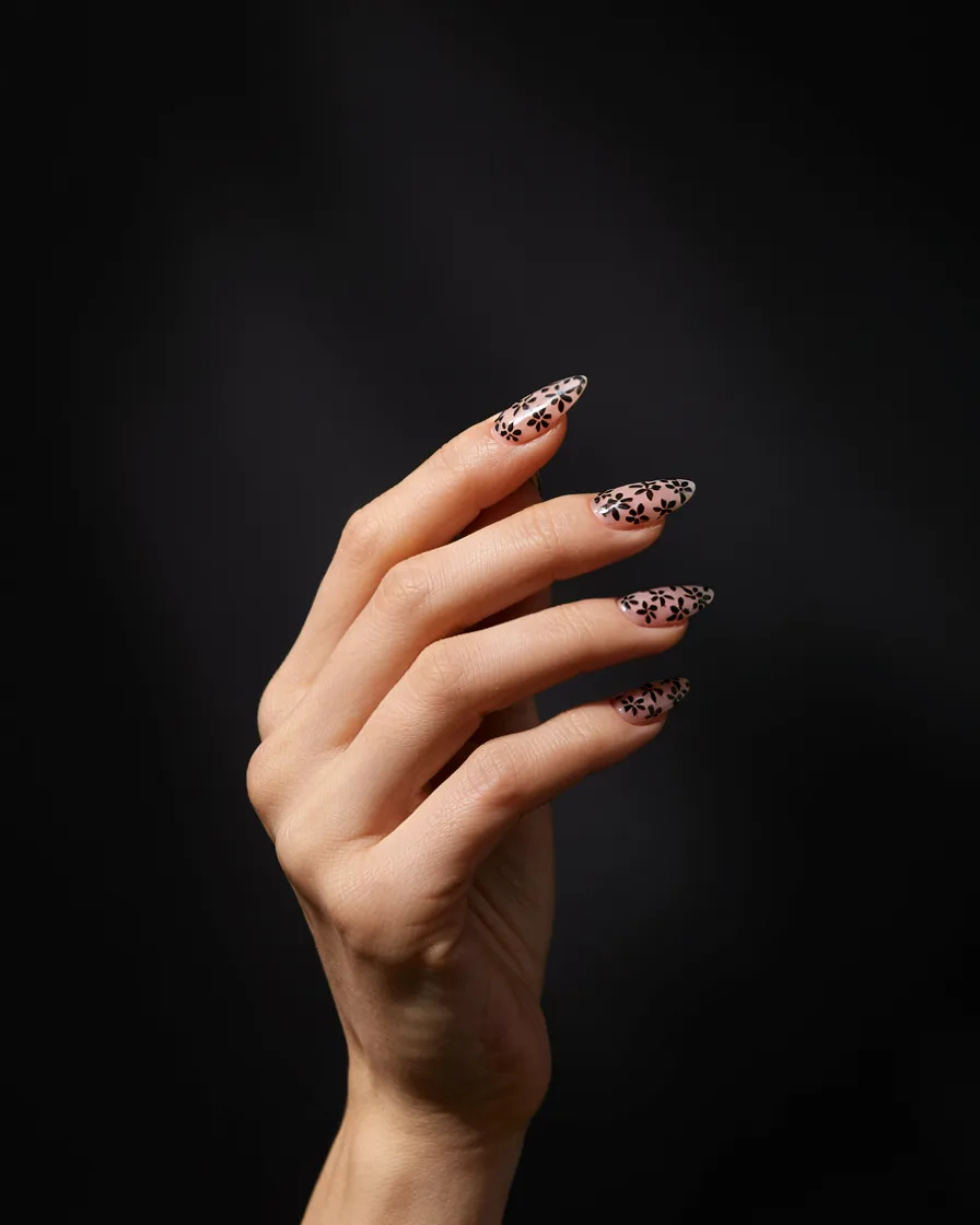 Full Black Lace long Halloween nails