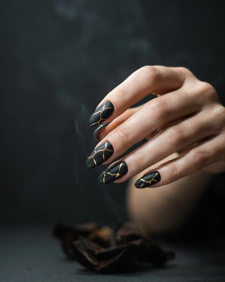 Gold-Veined Black long Halloween nails
