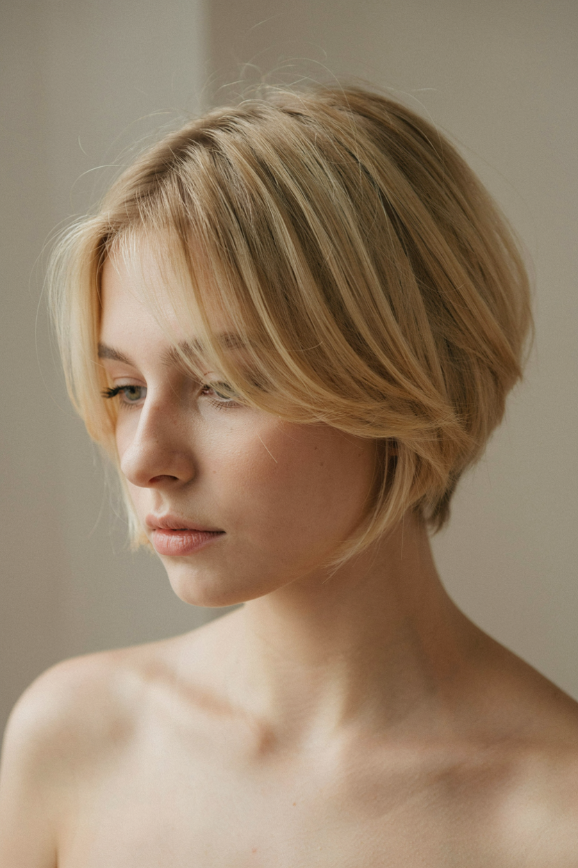 Long pixie with side-swept bangs on fine, thin hair