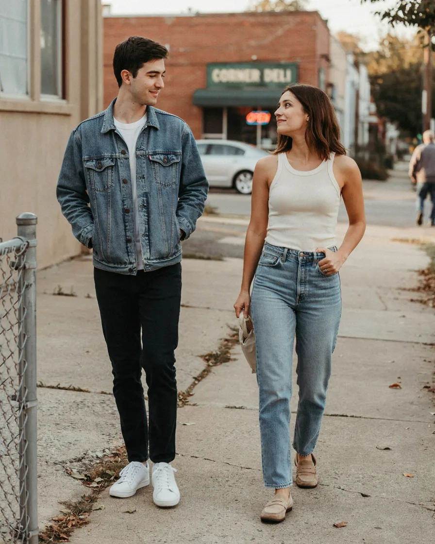 Denim, Split matching couple vacation outfit