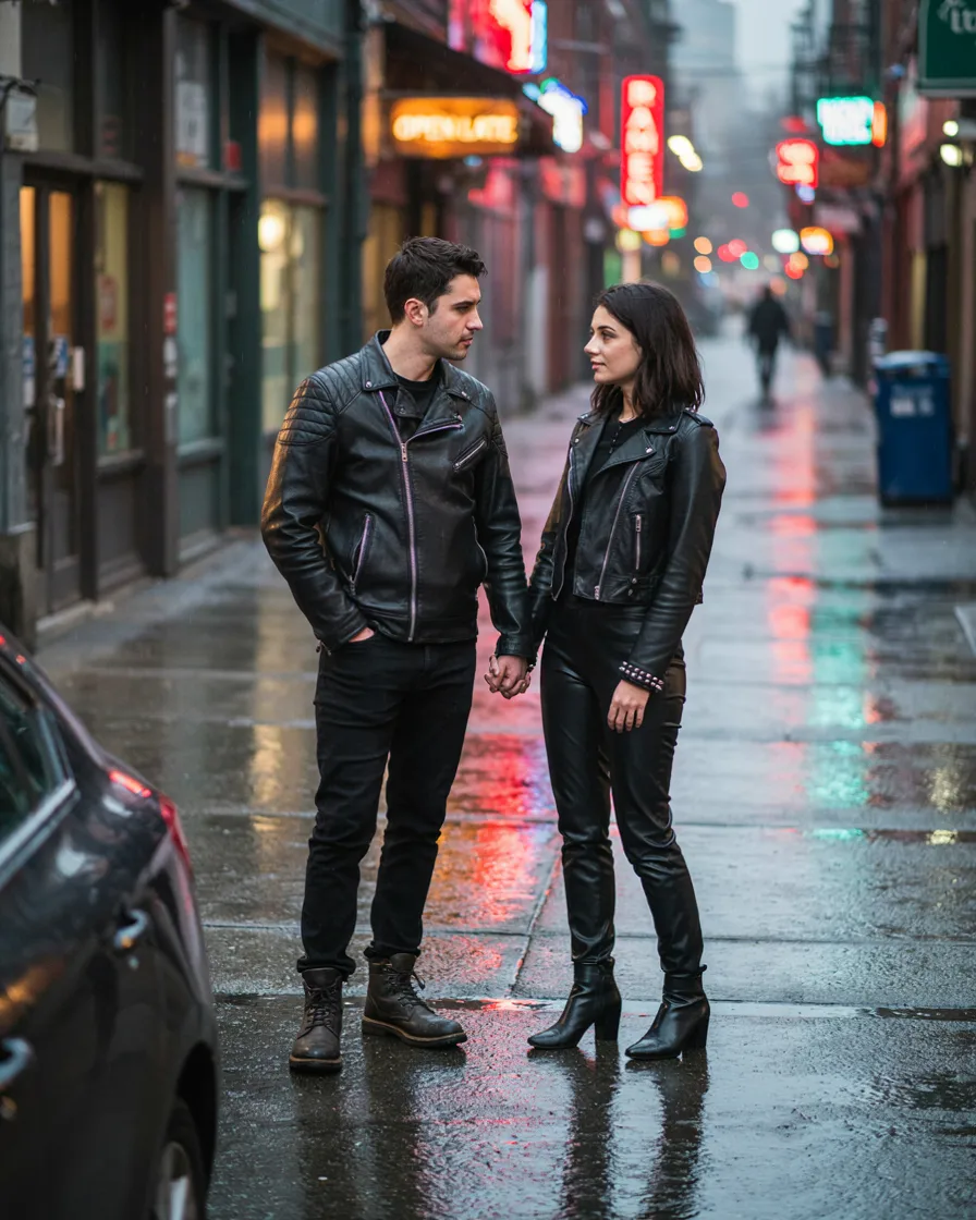 Leather, Different Cuts matching couple vacation outfit