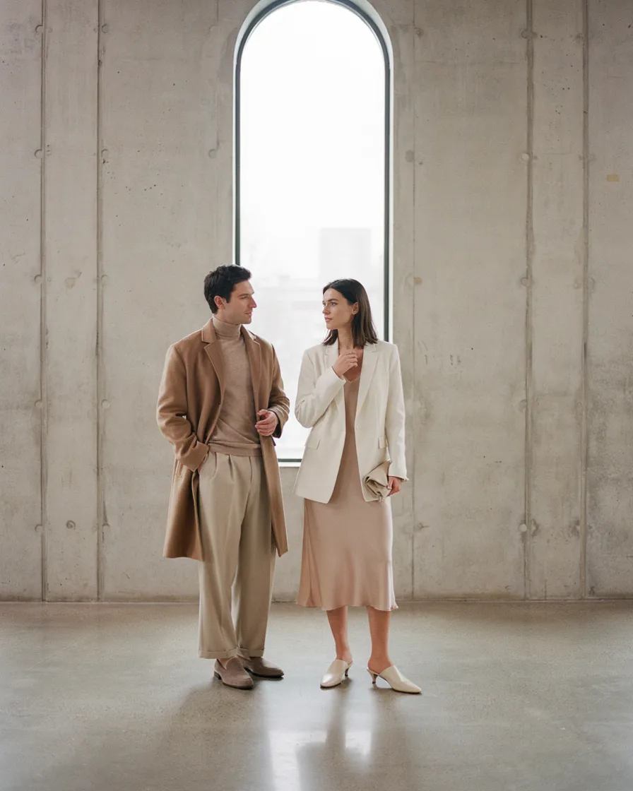 Monochrome Beige matching couple vacation outfit