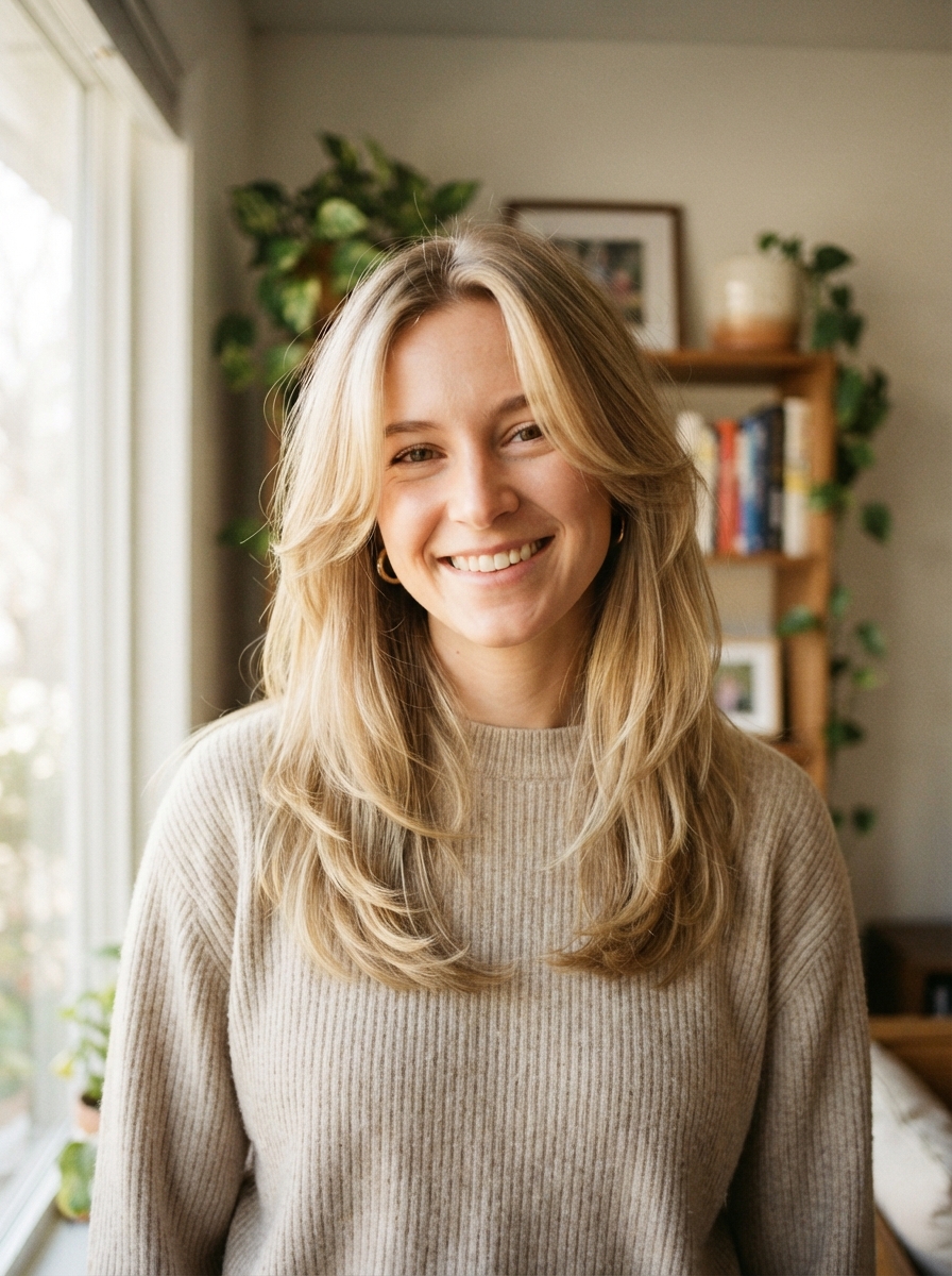 Long layers with face-framing pieces for fine hair