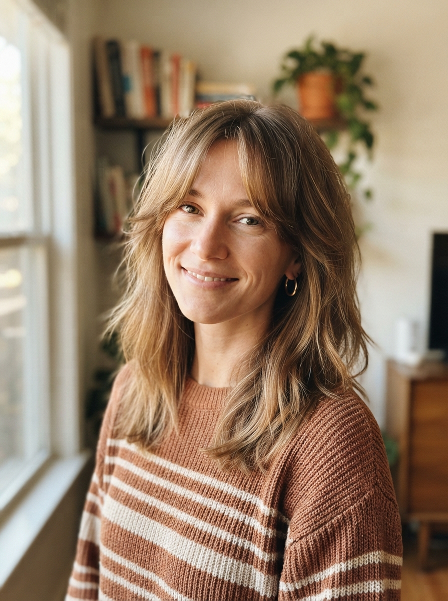 Layered cut with curtain bangs for fine hair