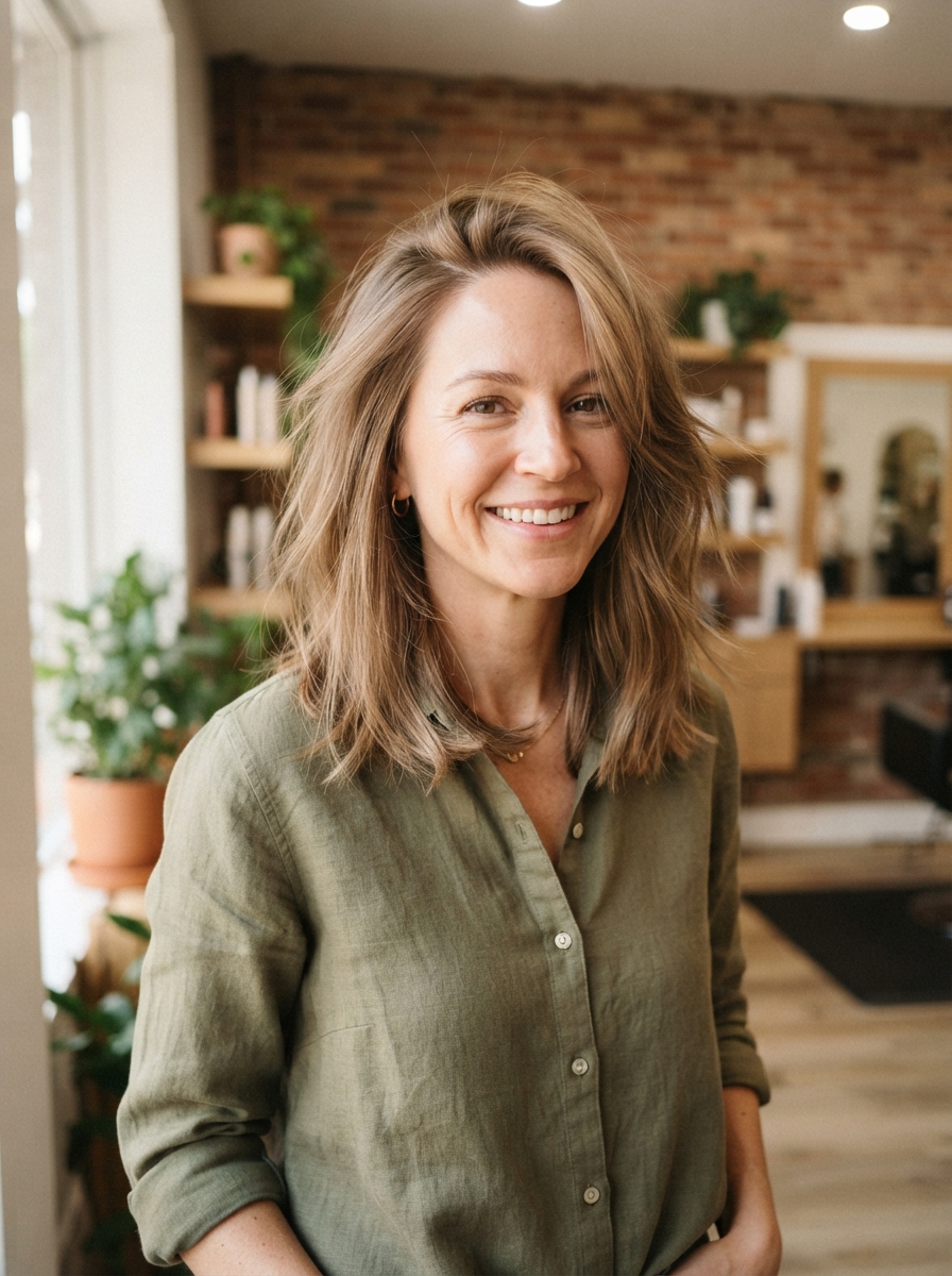 Mid-length cut with a deep side part for fine hair
