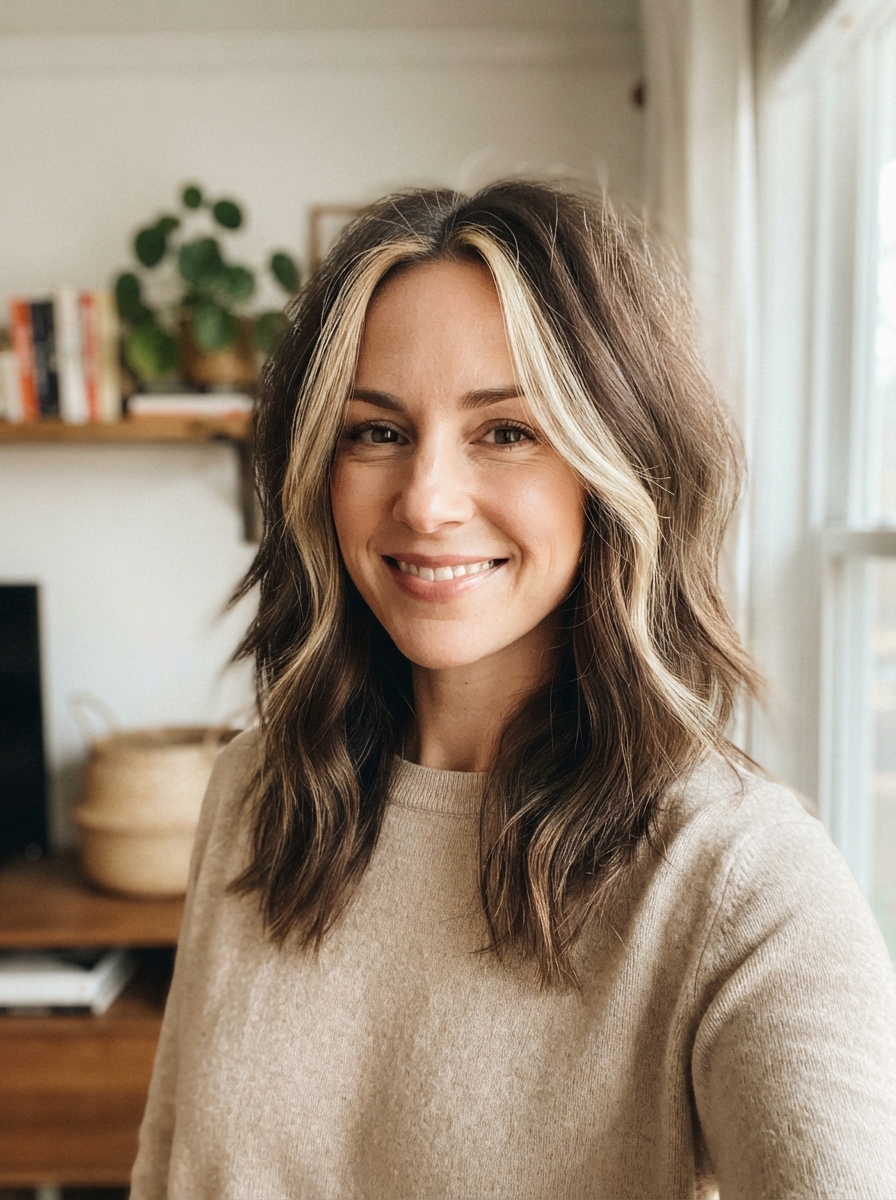 Layered cut with a money piece for fine hair
