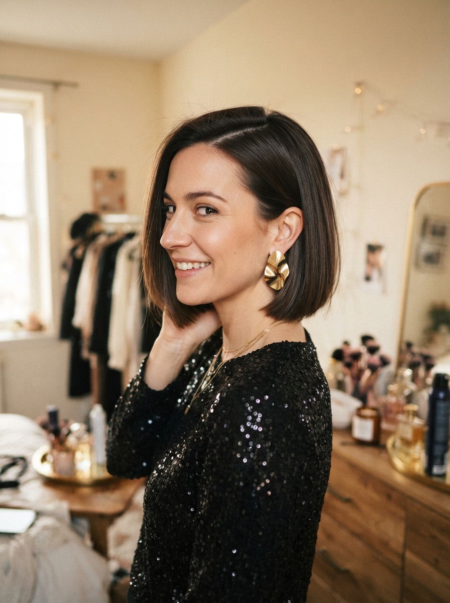 Sleek side-parted bob New Year’s Eve hairstyle