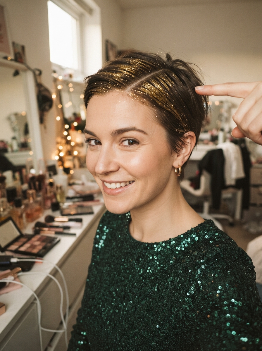 Glitter roots on a pixie cut New Year’s Eve hairstyle