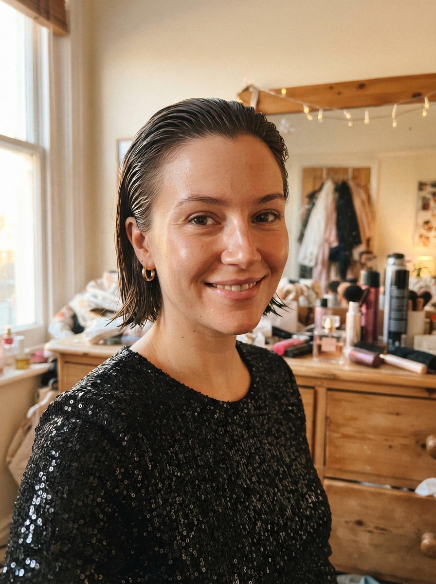 Slicked-back wet look New Year’s Eve hairstyle