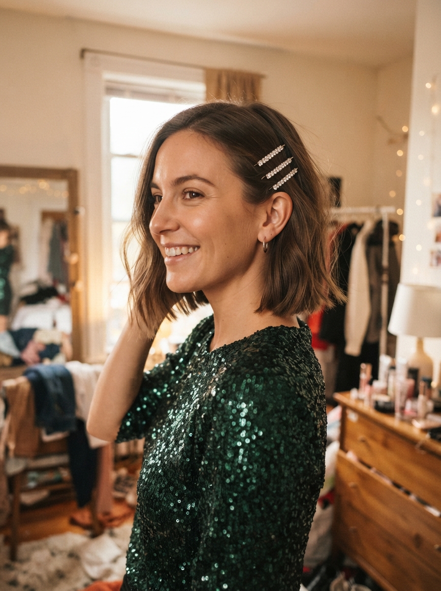 Bob with rhinestone clips New Year’s Eve hairstyle