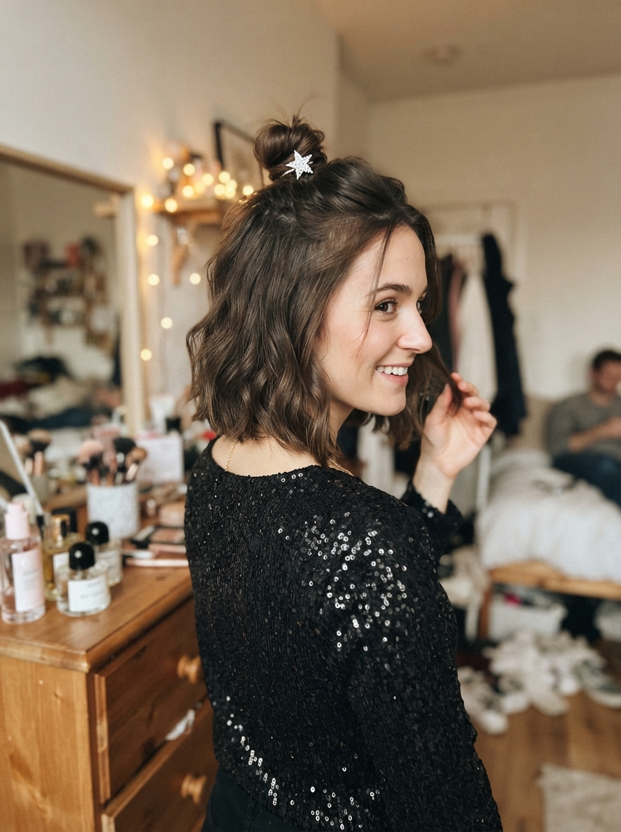 Half-up mini top knot New Year’s Eve hairstyle