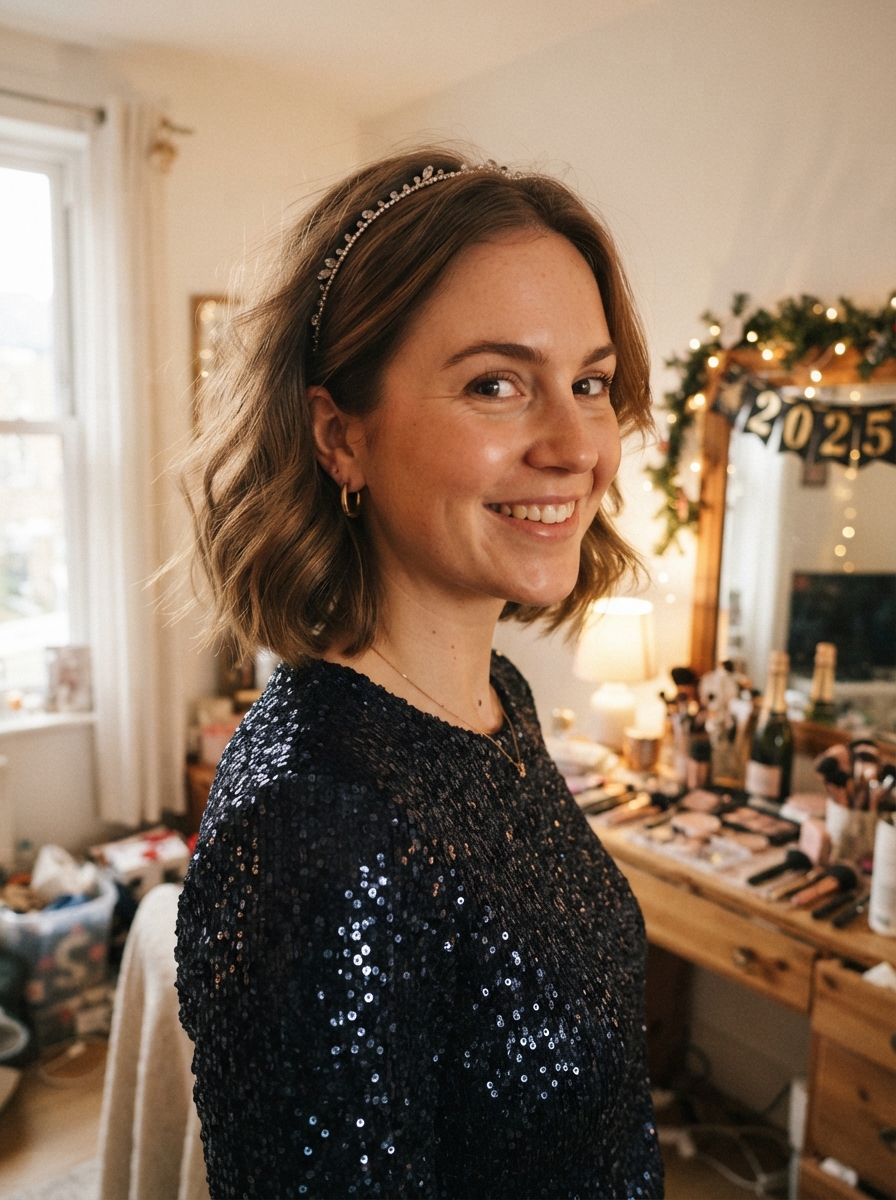 Soft curled bob with a sparkly headband New Year’s Eve hairstyle