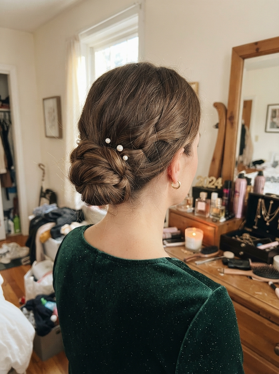 Low twisted bun with pearl pins New Year’s Eve hairstyle