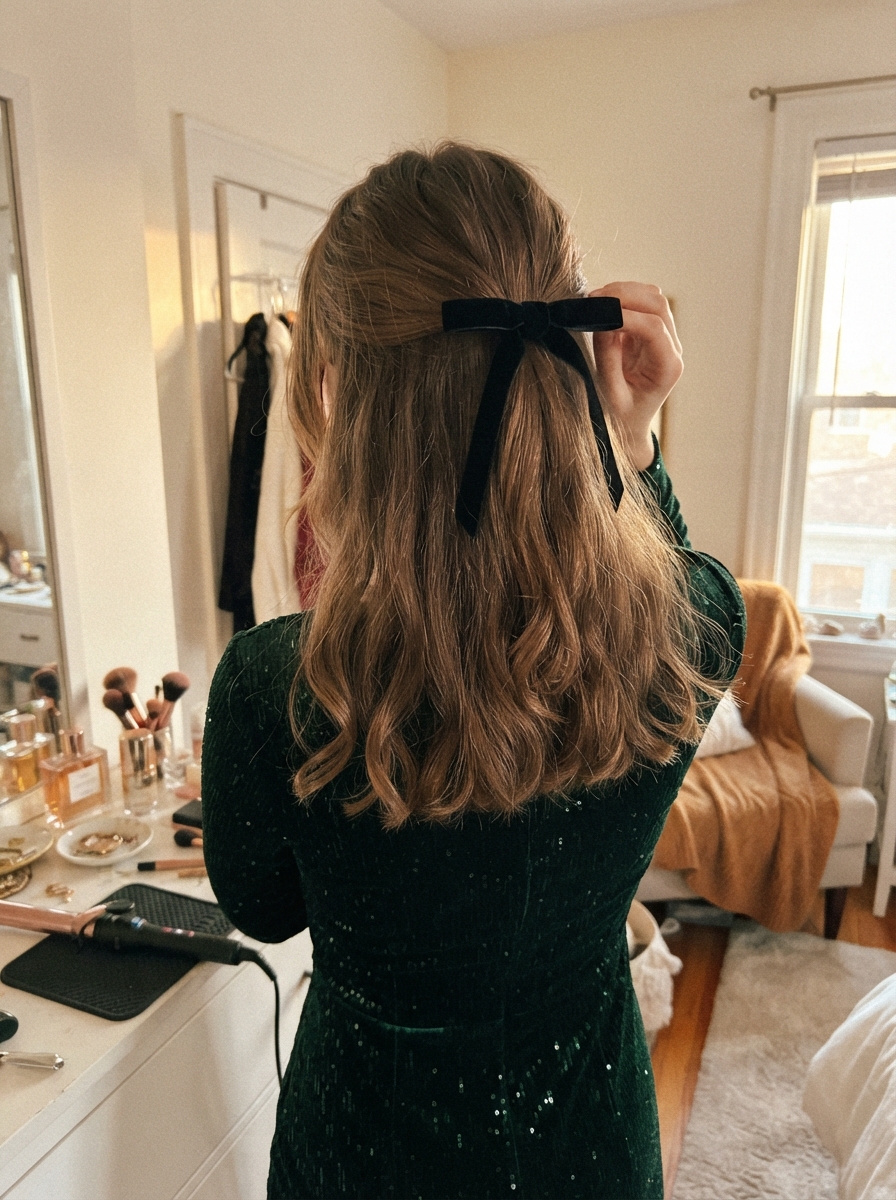 Half-up with a velvet bow New Year’s Eve hairstyle