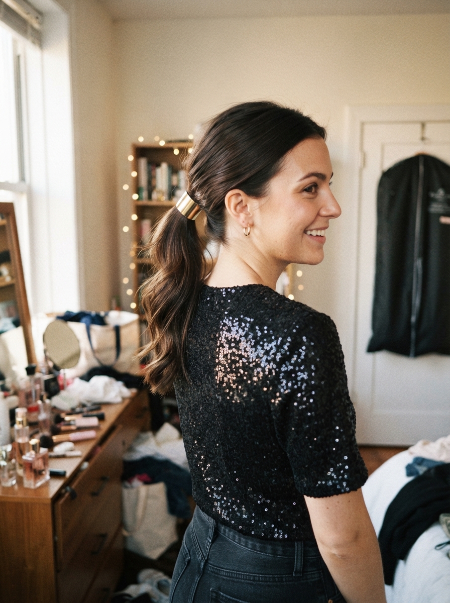 Sleek mid ponytail with a hair cuff New Year’s Eve hairstyle