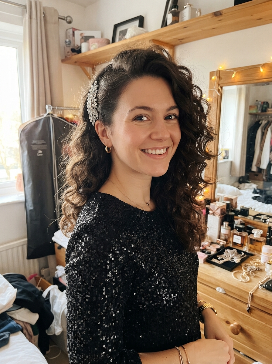 Side-swept curls with a sparkly comb New Year’s Eve hairstyle
