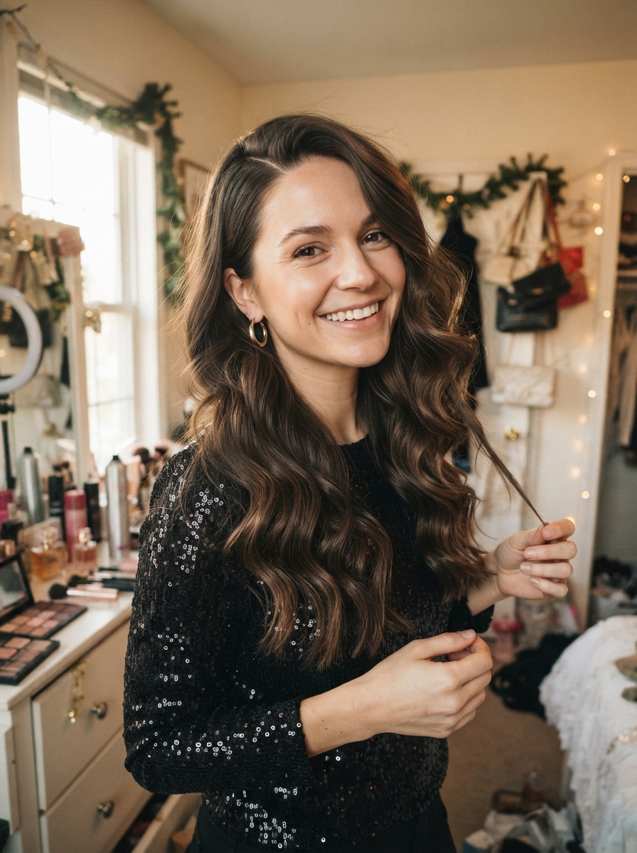 Glam waves with a deep side part New Year’s Eve hairstyle